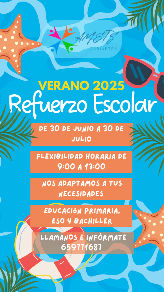 Cartel colorido con temática veraniega que promociona clases de refuerzo escolar para el verano 2025, ofrecidas por Amets Gabinetea, con fechas del 30 de junio al 30 de julio y horario de 9:00 a 13:00